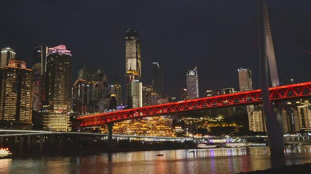 Chongqing cyberpunk city skyline with river and hongyadong night time