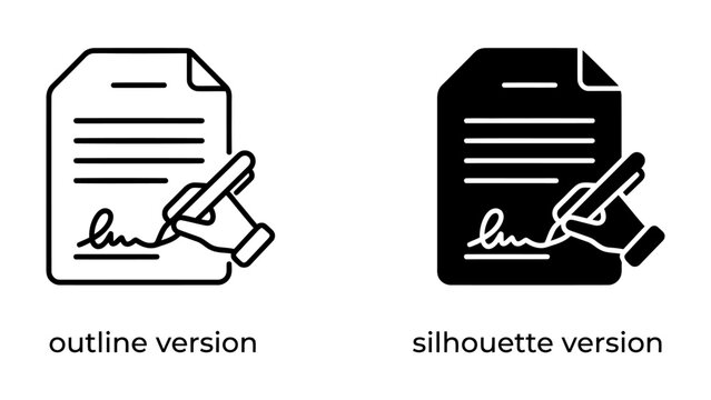 Signing Document Icons: Two distinct icons represent the act of signing a document, one in an outline style and the other as a silhouette, signifying agreement and formalization.