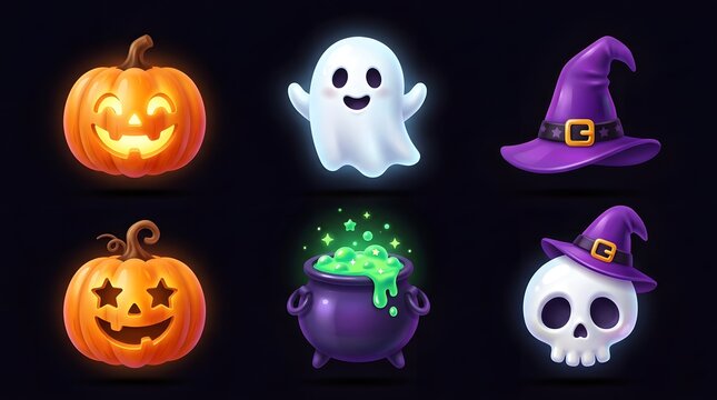 Set of cute halloween icons with pumpkins, ghost, cauldron and skull