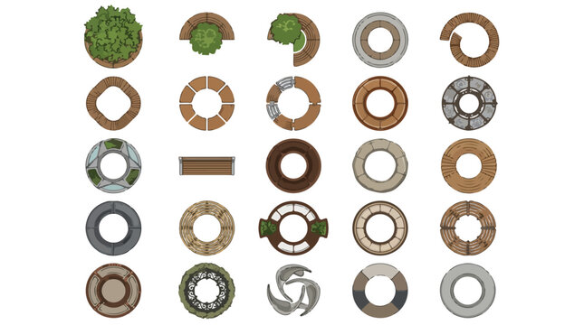 Top view park bench collection, 25 circular outdoor furniture vector icons, landscape architecture garden seating elements for site plans