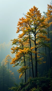 Aesthetic golden fog forest trees balancing inside premium emerald green backdrop