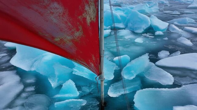 Boat with vibrant red sails ice navigation in arctic frozen sea