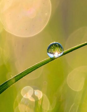 Macro shot of a single dewdrop on a blade of grass reflecting the morning sun.