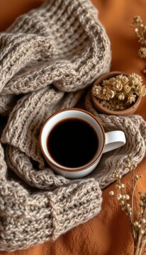 Elegant coffee mug knit sweater sleeve layers resting on a home surface on premium terracotta orange background