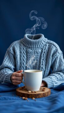 Clean knit sweater coffee settings placing on premium sapphire blue monochrome backdrop