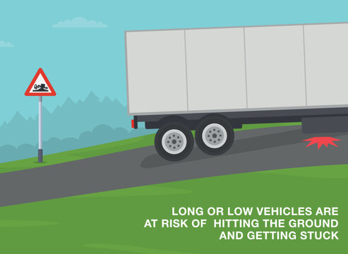 Safe driving tips and traffic regulation rules. UK risk of grounding ahead warning sign. Long, low vehicles are at risk hitting the ground and getting stuck. Side view of semi-trailer. Flat vector ill