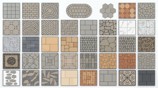 Paving stone pattern set with 40 vector icons, architectural floor tile textures, outdoor pavement and walkway surface materials for landscape design