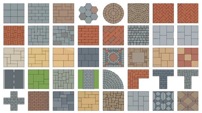 Paving stone patterns and cobblestone texture set, 40 vector floor tile samples, architectural masonry pavement blocks for landscaping and urban design