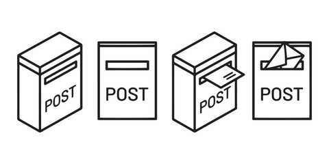Minimalist mailbox icon set with post text, isometric and flat mail box vector illustrations, black and white letter box collection for delivery © InfinoArt