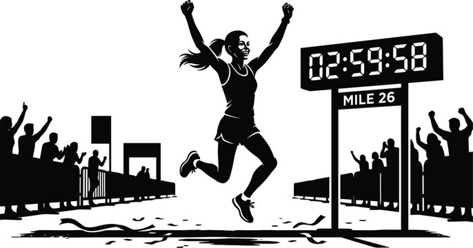 Female marathon runner crossing finish line tape arms raised in victory with digital race timer clock vector illustration
