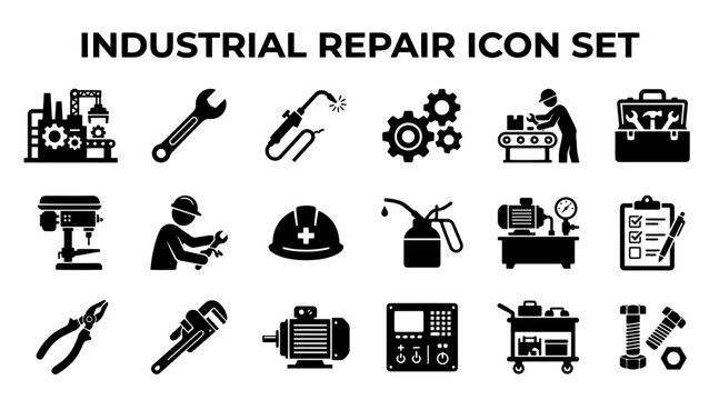 A comprehensive set of black industrial repair and manufacturing icons for technical maintenance and engineering.
