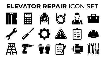 A collection of black vector icons representing elevator repair, maintenance tools, and technical service equipment. © MstSomaya