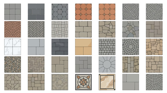 Paving stone patterns collection, 35 vector pavement textures for landscape design, outdoor floor tile swatches in grey and terracotta