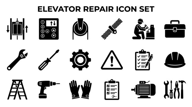 A collection of black vector icons representing elevator maintenance, technical tools, and safety equipment.