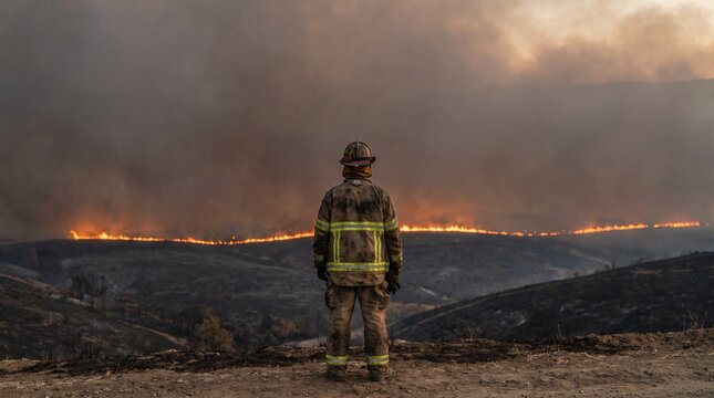 Firefighter looking over burning land
