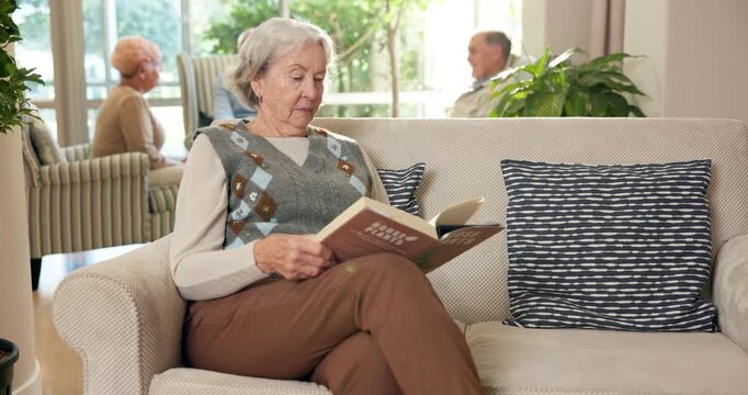 Relax, reading book and elderly woman on sofa in retirement home for horticulture, hobby or tips. Senior person, education and guide in living room for learning, plant study or knowledge in house