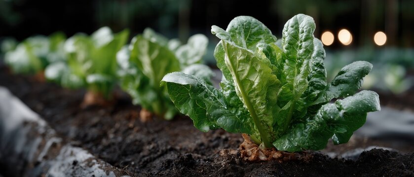 Growing lettuce in a garden bed during early morning with dew on the leaves
