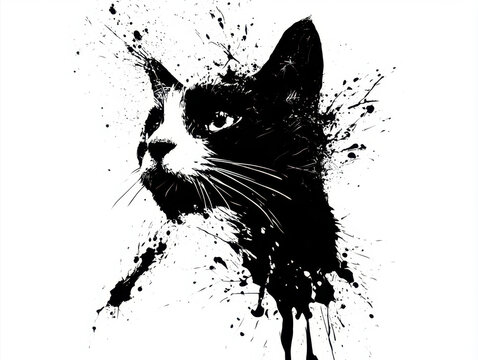 black and white cat portrait in artistic ink splatter style creative watercolor splash painting of a tuxedo cat profile view beautiful modern hand drawn design element on a pure white background space