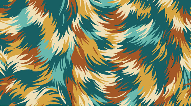 Seamless abstract feather-inspired camouflage pattern with flowing organic brushstroke shapes in teal, rust brown, cream, and golden tones.