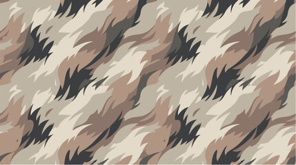 Seamless abstract camouflage pattern featuring jagged organic brushstroke shapes in beige, taupe, cream, gray, and dark brown tones. © AI illustration 