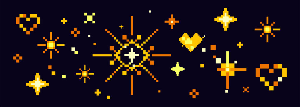 Pixel art star icons, vibrant y2k firework sparkles, digital heart vector graphics for retro 8-bit games, neon party symbols on black background. Design elements, star burst with bright glowing effect