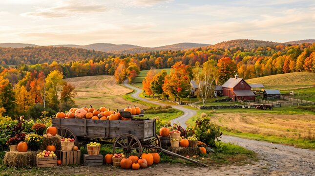 A picturesque autumn landscape showcases a winding country road leading to a charming farm, enveloped by vibrant fall foliage and a bountiful display of pumpkins