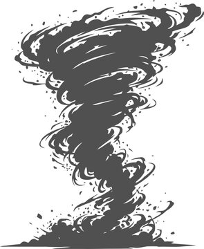 Powerful tornado whirlwind spins violently against a plain transparent background silhouette vector art illustration