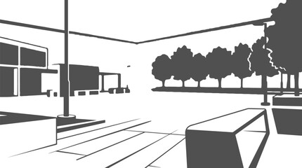 Silhouette of empty modern public park plaza with benches and trees under bright sky vector art illustration © Nabil