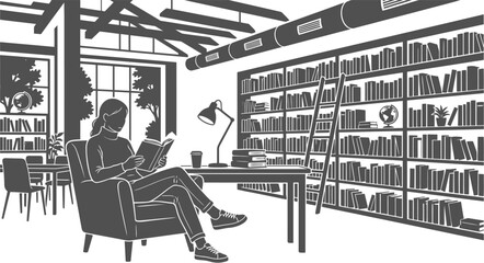 Woman reads book while sitting in armchair inside cozy home library room with bookshelves vector art illustration © Nabil