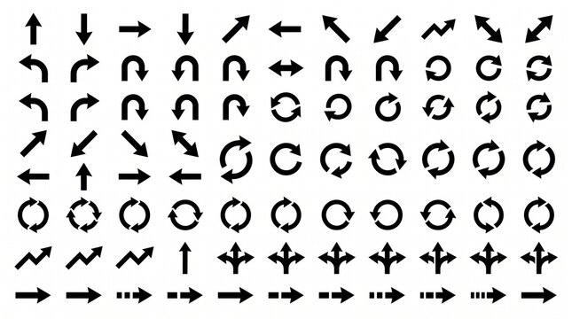 Collection of diverse arrow icons in grid layout, representing direction, motion, rotation, and progression with bold minimalist design.