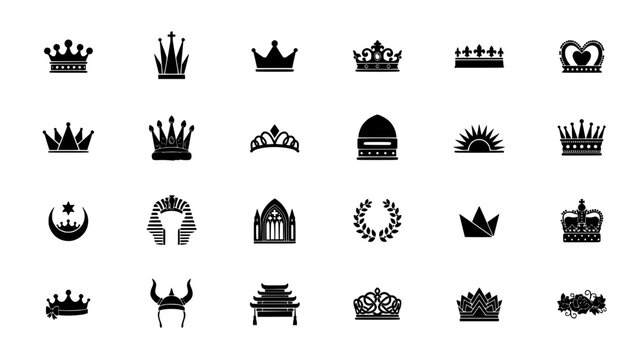 Crowns and Royal Icons in a 4x6 Grid of Black and White Designs Featuring Crown, Icon, Design with Silhouette and Royalty