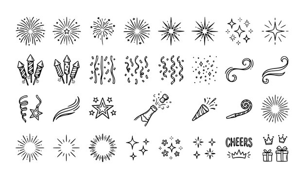 Luxury Golden Fireworks and Confetti Doodle Elements for New Year Birthday and Party Celebration Vector Collection