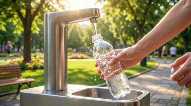 Person refilling a reusable water bottle at a public drinking fountain in a city park. Clean hydration, sustainable lifestyle, free drinking water, and summer health concept
