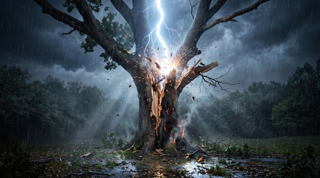 Lightning striking a large tree during a powerful thunderstorm with heavy rain, dramatic storm clouds, flying debris, and a shattered trunk. Severe weather, natural disaster, storm damage