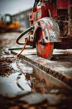 A circular saw cuts through a concrete slab at a construction site. Water pools on the ground as the saw makes progress, showing clear activity in motion