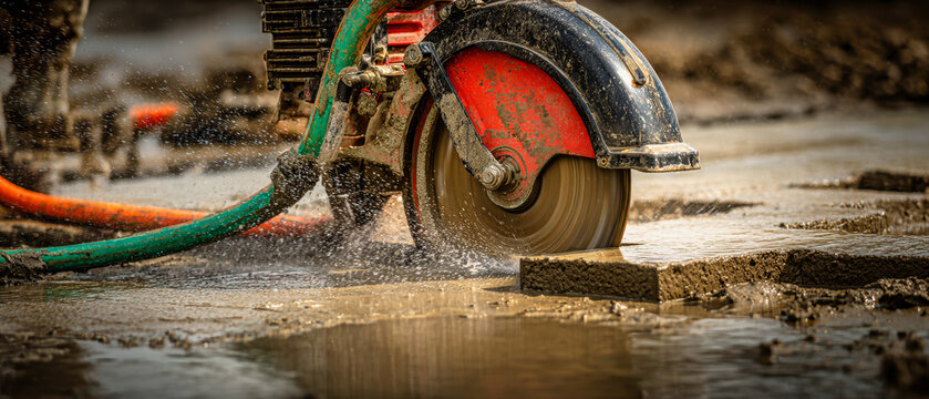 A circular saw is cutting concrete on a construction site with water spraying around. The saw operates with energy and power on a sunny day