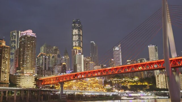 Chongqing cyberpunk city skyline with river and hongyadong night time