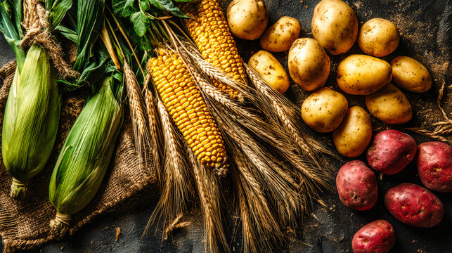 Fresh corn cobs, a bunch of wheat, and various potatoes create a colorful scene on dark soil. The setting shows nature's bounty in a rustic composition