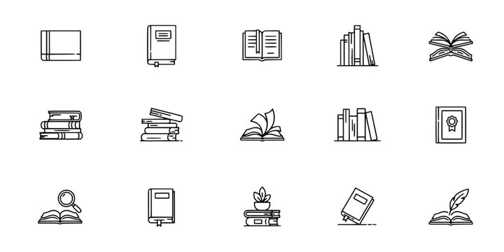 Books and Reading Icons in Black and White Vector Illustrations Featuring Illustration, Knowledge, Education with Study