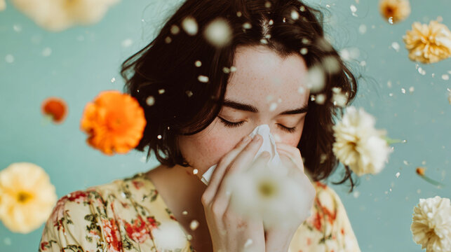 Young woman with dark hair blows her nose into a napkin as flowers and pollen fall around her. She appears uncomfortable and is wearing a floral dress