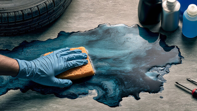 A hand in a blue glove wipes a dark puddle on the floor with an orange sponge while tools and liquid bottles are nearby in a workspace