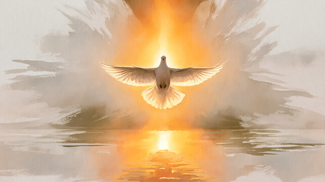 A white dove with wings outspread is flying above a pond under a bright orange-yellow light. The scene shows soft colors and a calm setting