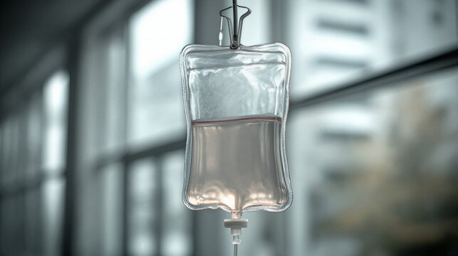 Transparent IV bag with clear solution hanging in a hospital hallway