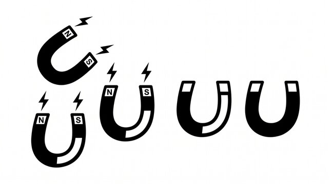 Scientific illustration of horseshoe magnets with north and south poles, showing attraction, repulsion, and magnetic field energy in minimal style.