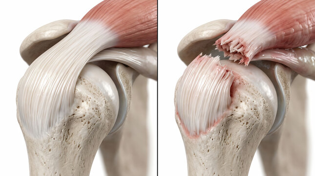 Medical illustration comparing healthy shoulder joint and torn rotator cuff tendon injury
