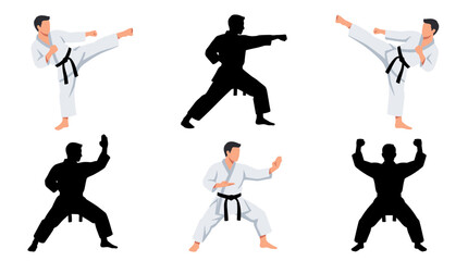Professional vector collection featuring different karate athlete action poses, front kick, roundhouse kick, straight punch, defensive block, kata performance, victory stance © mehdik