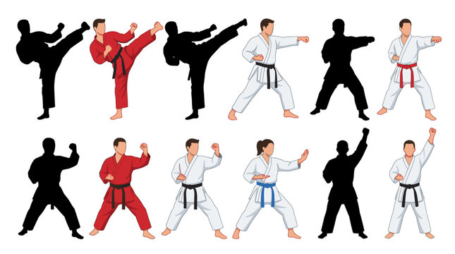 Professional vector collection featuring different karate athlete action poses, front kick, roundhouse kick, straight punch, defensive block, kata performance, victory stance