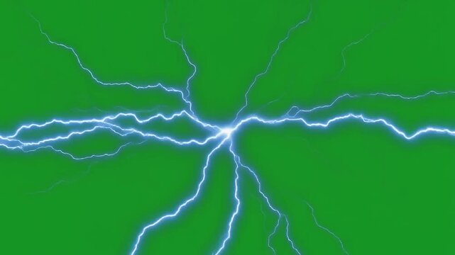 Dynamic electrical discharge with glowing plasma arcs. High-voltage energy surge creating realistic lightning bolts in neon green.