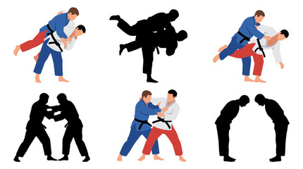 Fototapeta premium Professional vector collection featuring different judo athlete action poses, shoulder throw, hip throw, sweeping technique, grappling stance, defensive grip, bowing after match