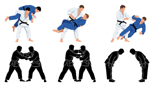 Professional vector collection featuring different judo athlete action poses, shoulder throw, hip throw, sweeping technique, grappling stance, defensive grip, bowing after match